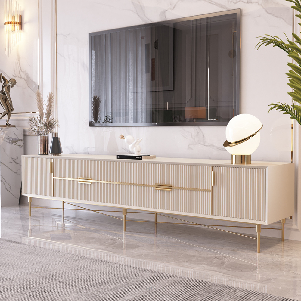 Modern Off White TV Stand for 2159mm TVs with 4 Drawers & Doors MDF