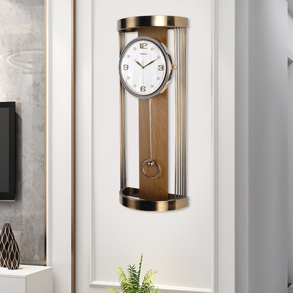 Modern Metal Hollow-out Wall Clock with Pendulum & Rhinestones