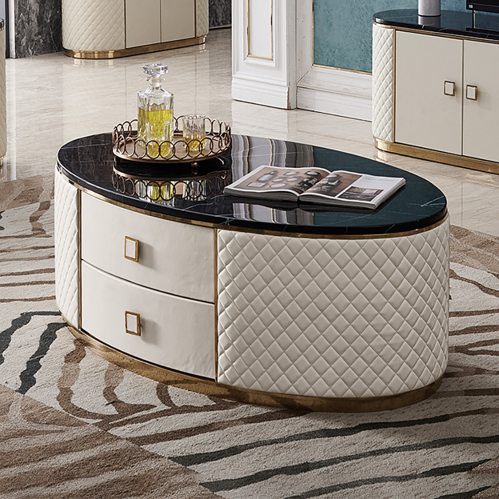 Orand White & Black Oval Sintered Stone Top Coffee Table with 2 Drawers