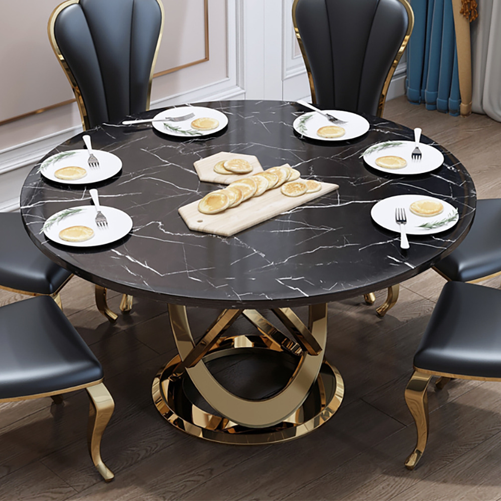 1500mm Modern Black & Gold Round Marble Dining Table with Stainless Steel Pedestal