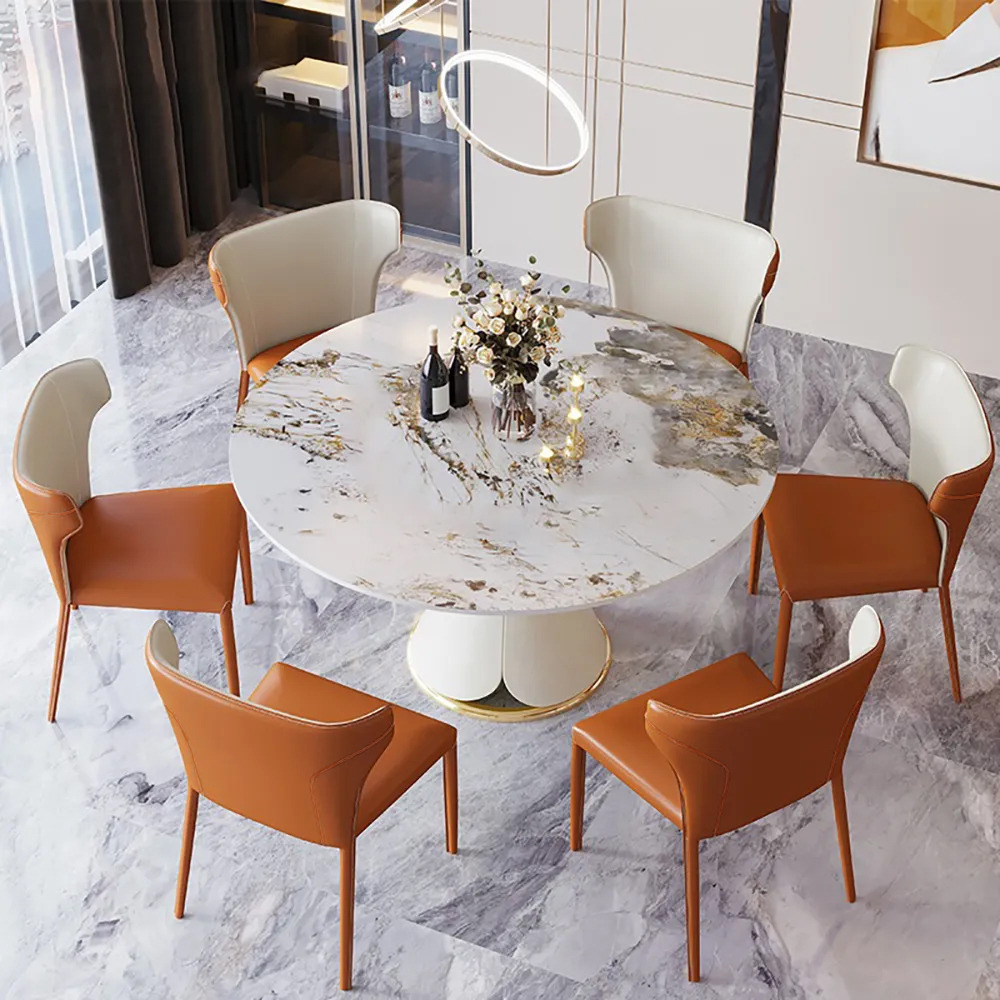 White Round Sintered Stone Dining Table Golden Stainless Steel Pedestal Base