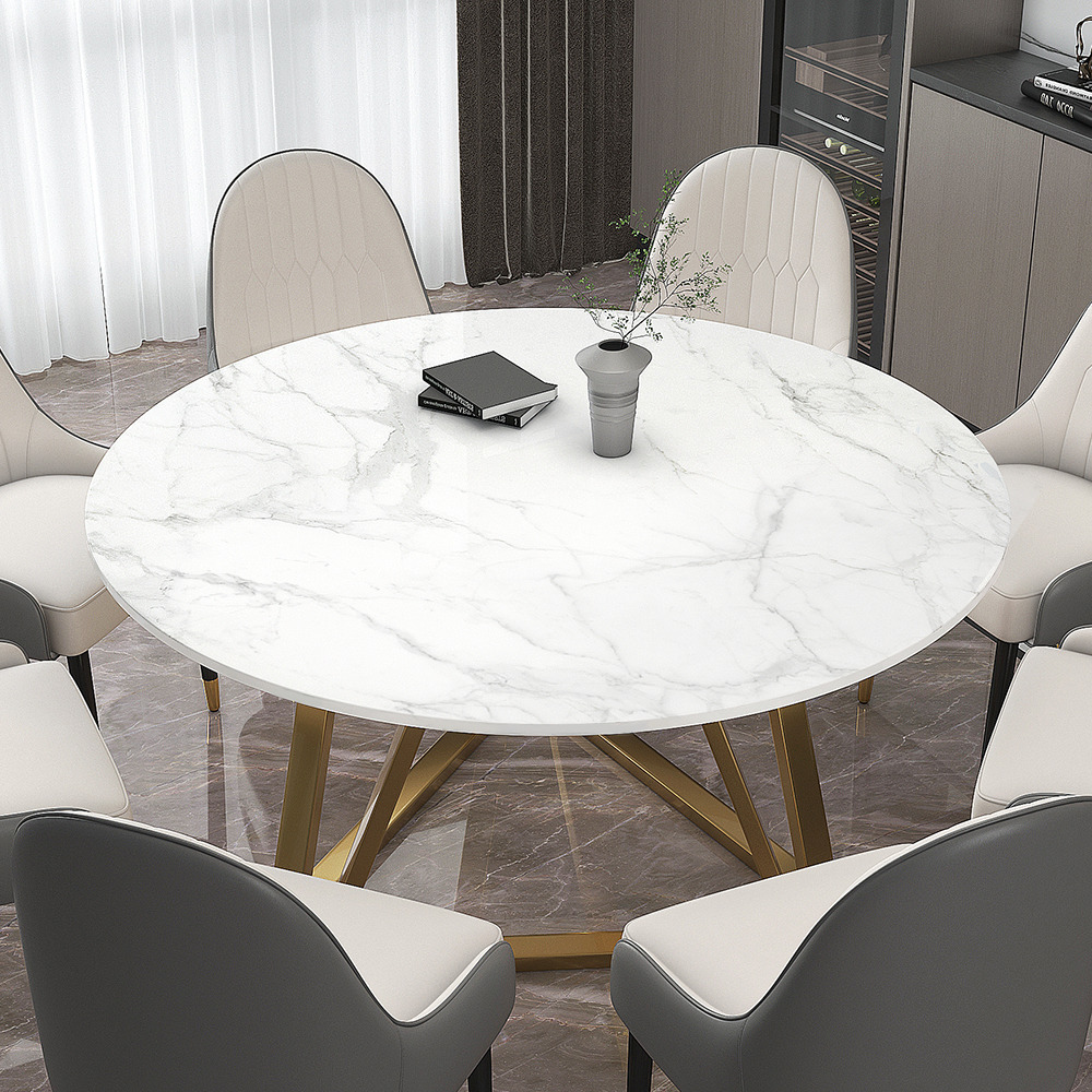 1500mm White Modern Round Faux Marble Dining Table Stainless Steel Base for 8 Seaters