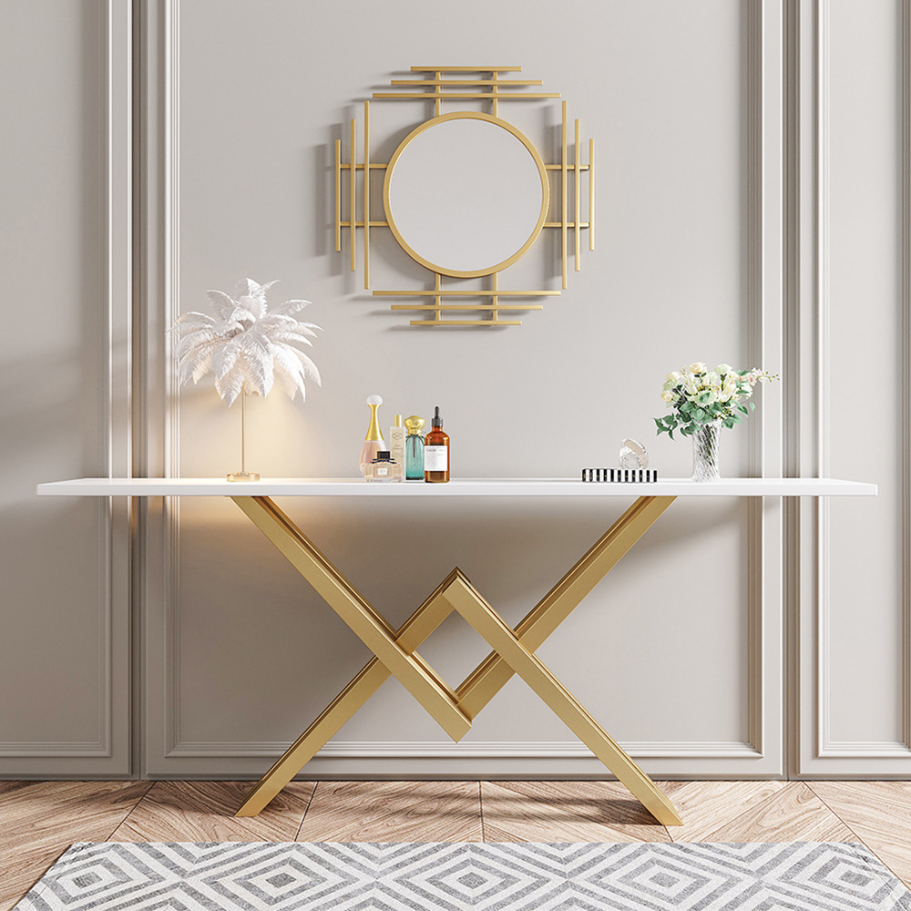 1500mm Narrow White Console Table Modern Style Hallway Table with Gold Metal X Base