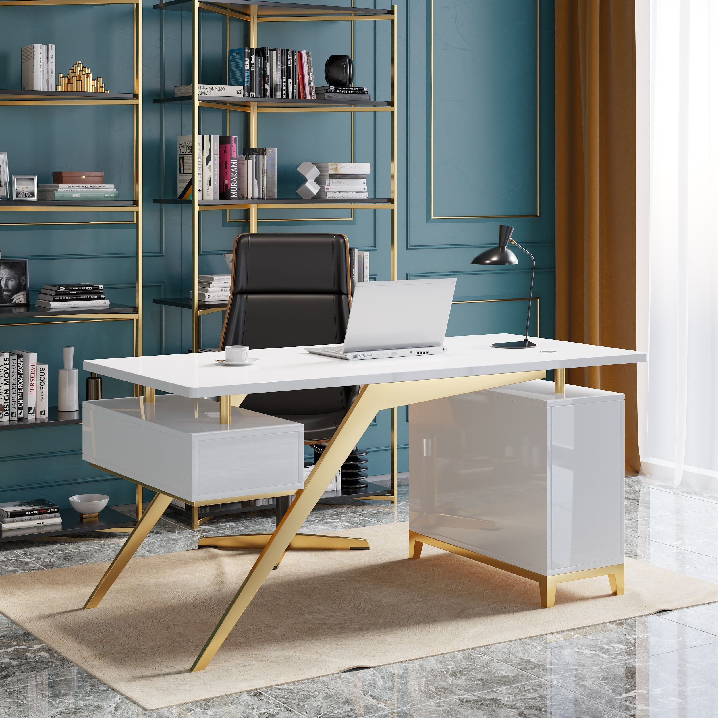 Hungled 1800mm Modern White Computer Desk Luxury Gold Office Desk with Storage & Cabinet