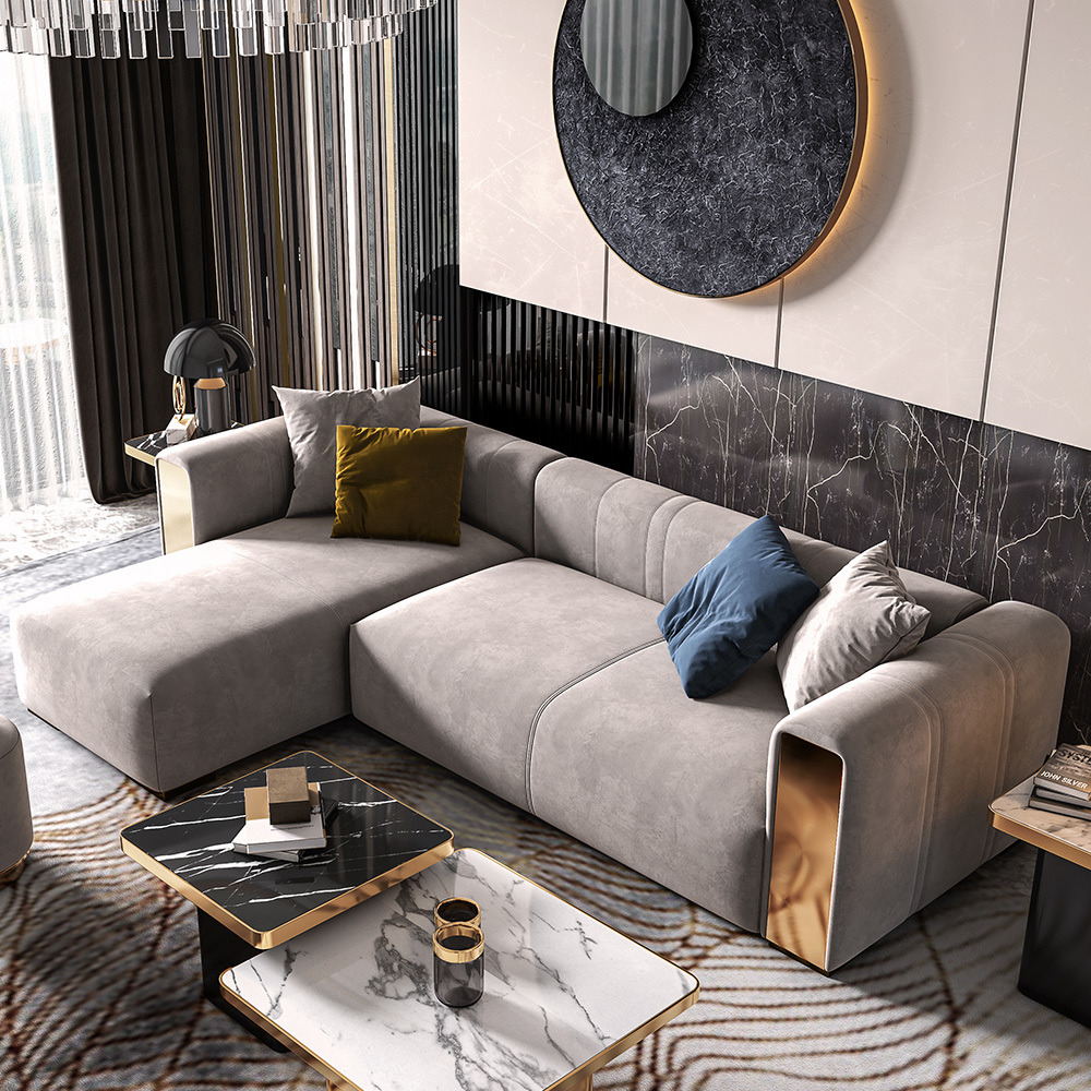 Veln 2800mm L-Shape Grey Velvet Upholstered Sectional Sofa with Left Chaise