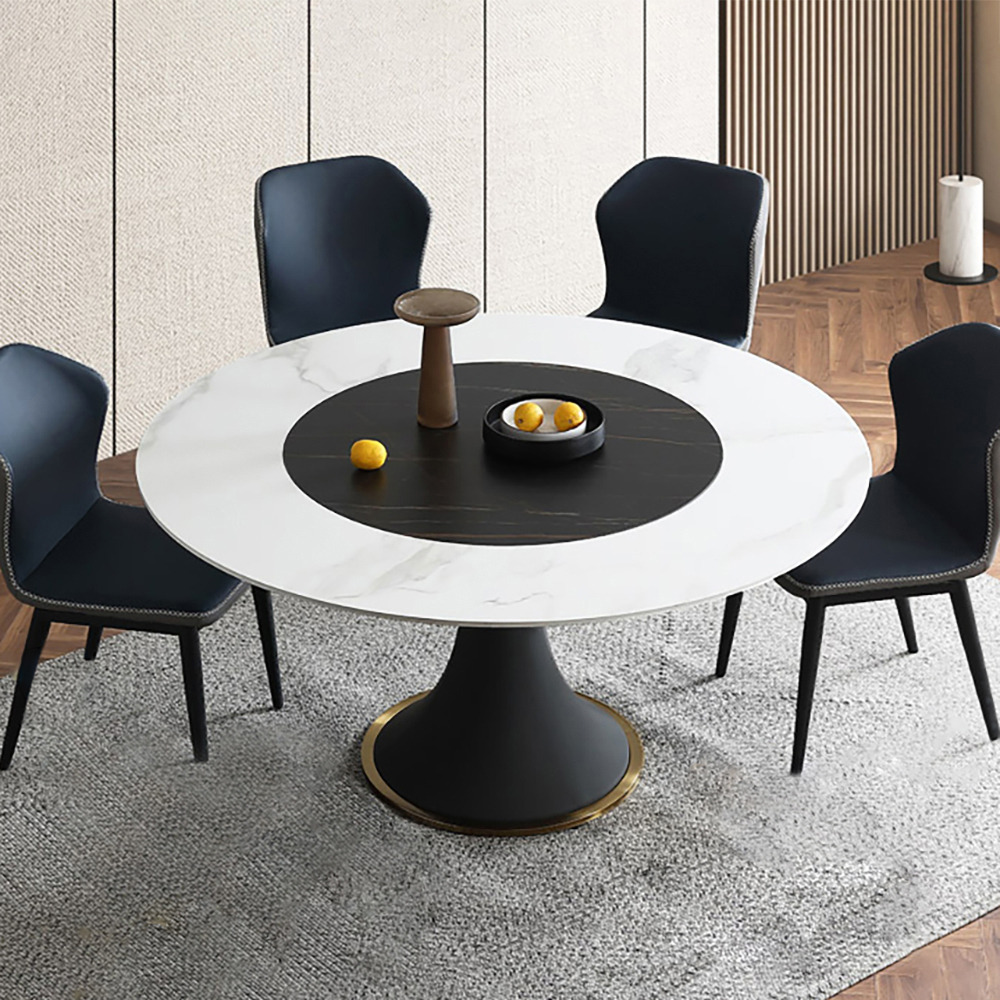1500mm White & Black Round Dining Table with Lazy Susan & Stone Top
