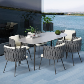 7 Pieces Outdoor Dining Set with Faux Marble Top & Aluminium Table and Rope Woven Chair