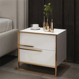 Cylina Modern 2 Drawers White Lacquer Nightstand Square Bedside Table in Gold, Left