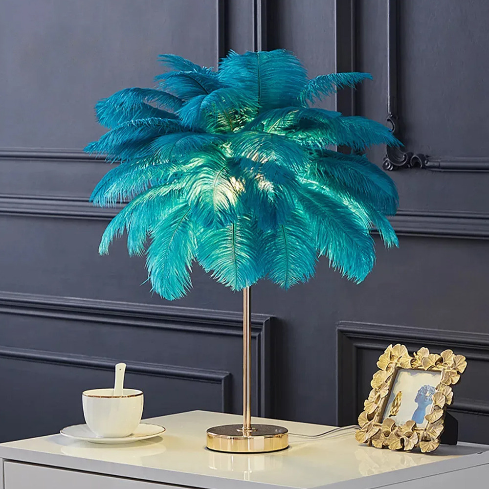 Loftus Art Deco Gold Portable Table Lamp with Green Feather Dimmable