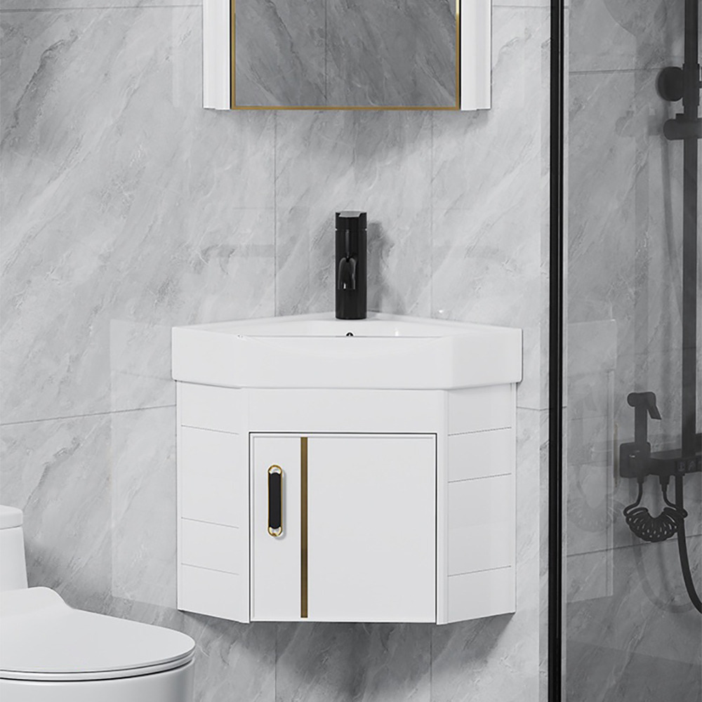 430mm White Floating Small Corner Bathroom Vanity with Ceramic Integral Single Basin