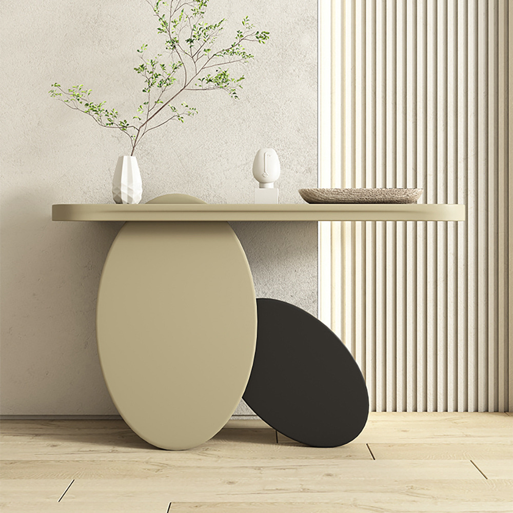 1000mm Modern Console Table Oval Wood Entryway Table with Abstract Circle Base Light Khaki & Black
