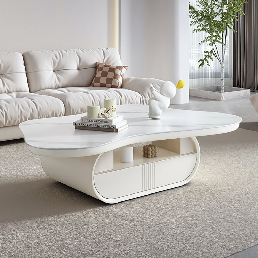 Cloud Coffee Table Wood Irregular Sintered Stone Top in White with Drawer Storage