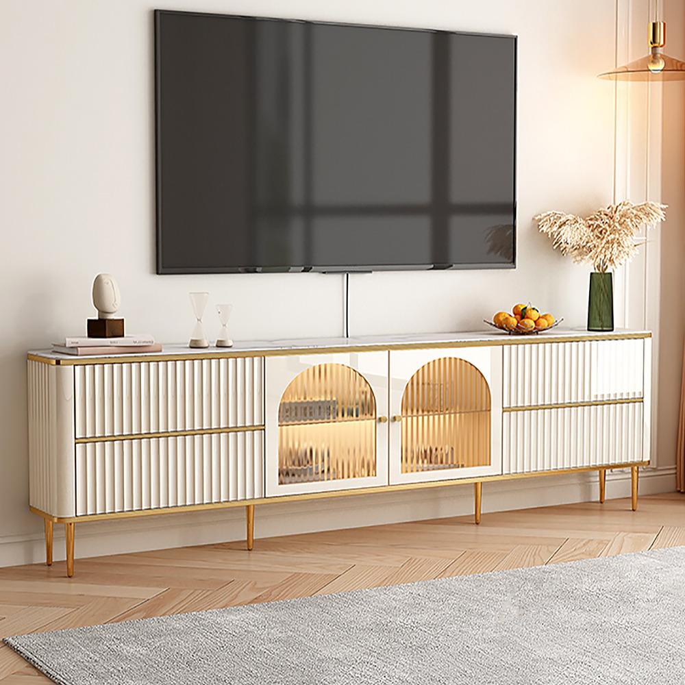 2000mm White Glass Door Fluted Stone TV Stand Wood Media Cabinet with Drawers