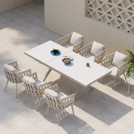 7 Pieces Aluminum Outdoor Dining Set with Extendable Marble Top Table and Woven Armchair
