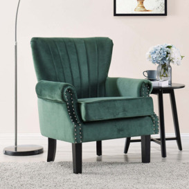 Wing Back Armchair Occasional Accent Chair Studded Design, Velvet- Dark Green