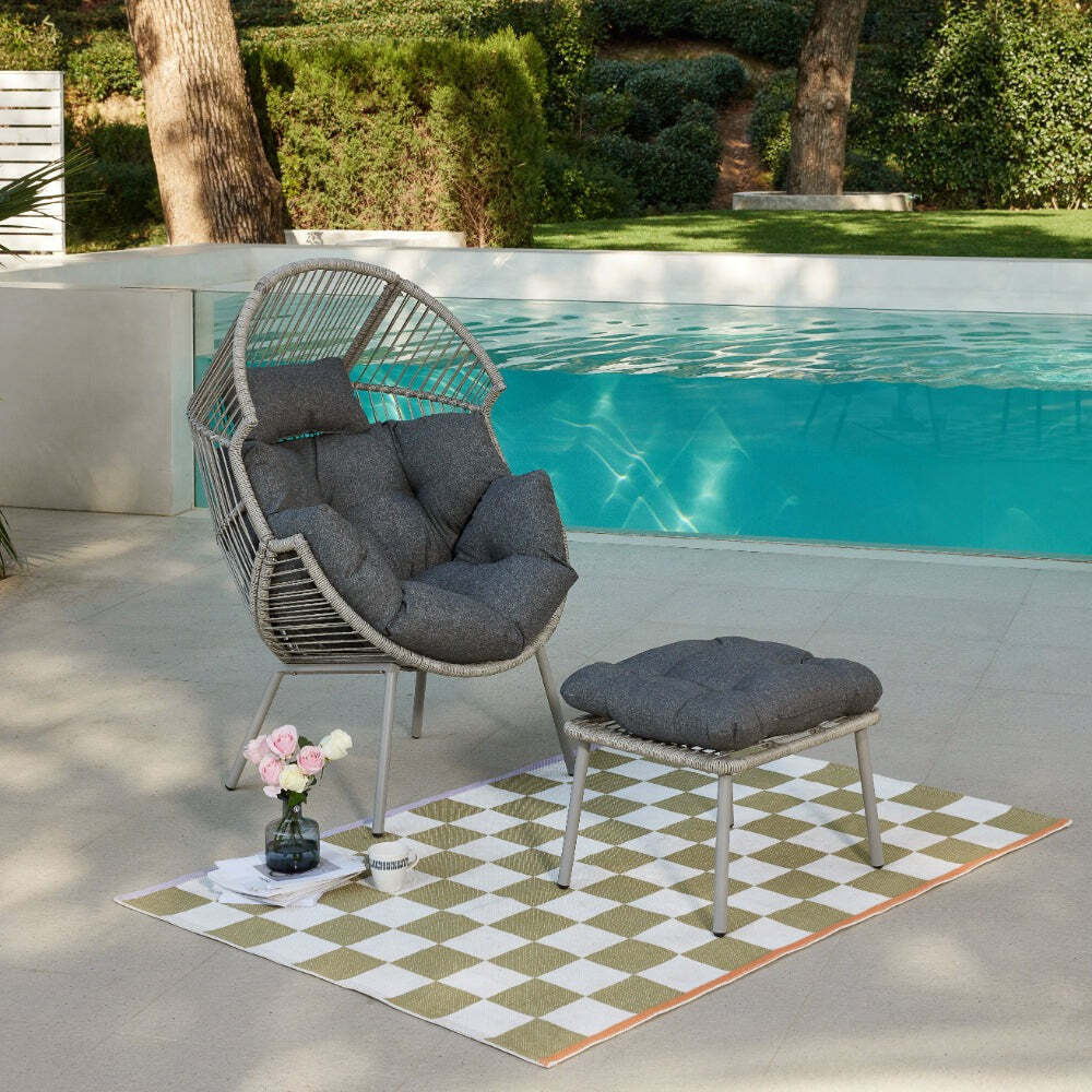 Antigua Rattan Garden Egg Chair with Footstool, Grey