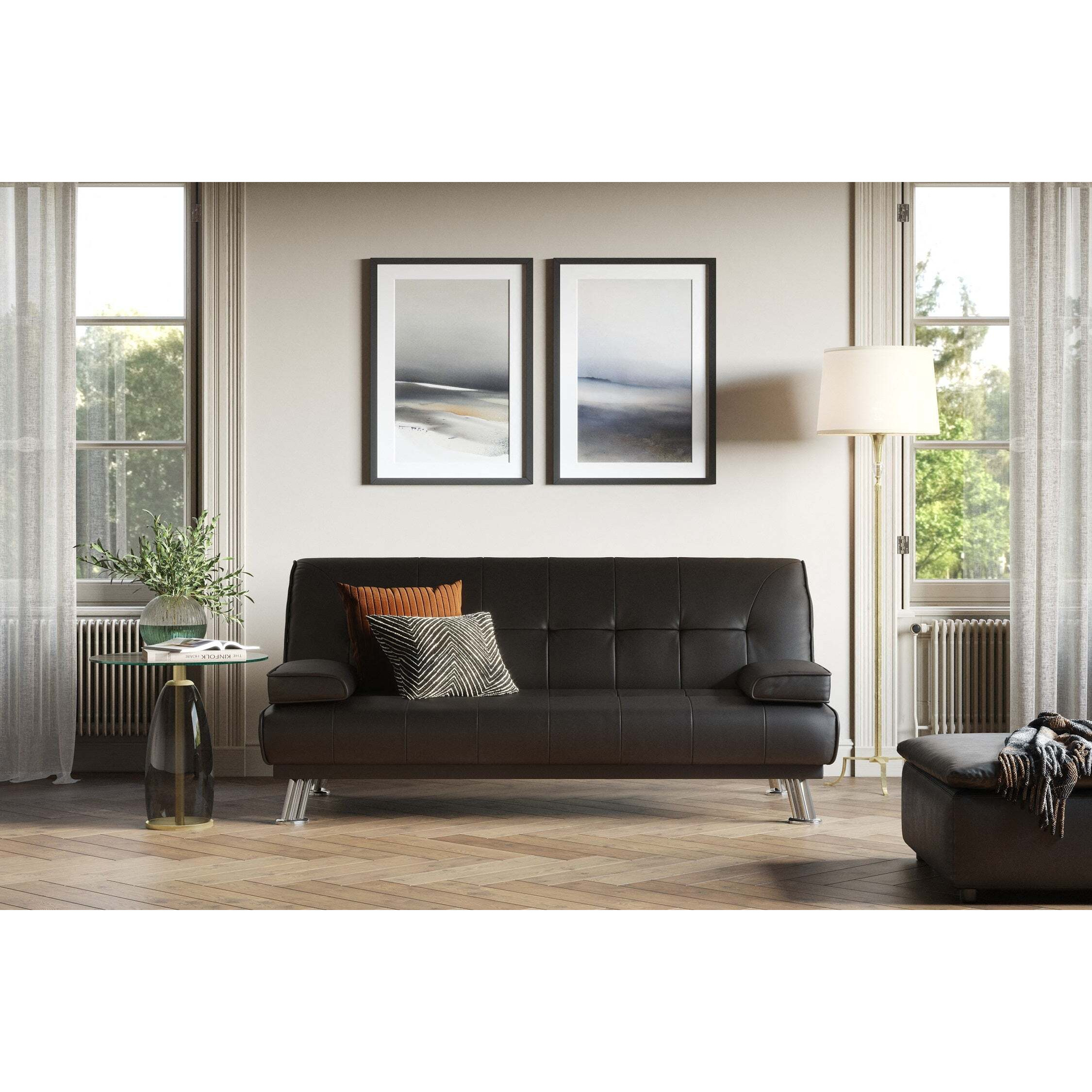 Montana Sofa Bed Faux Leather with Chrome Legs, Brown Faux Leather