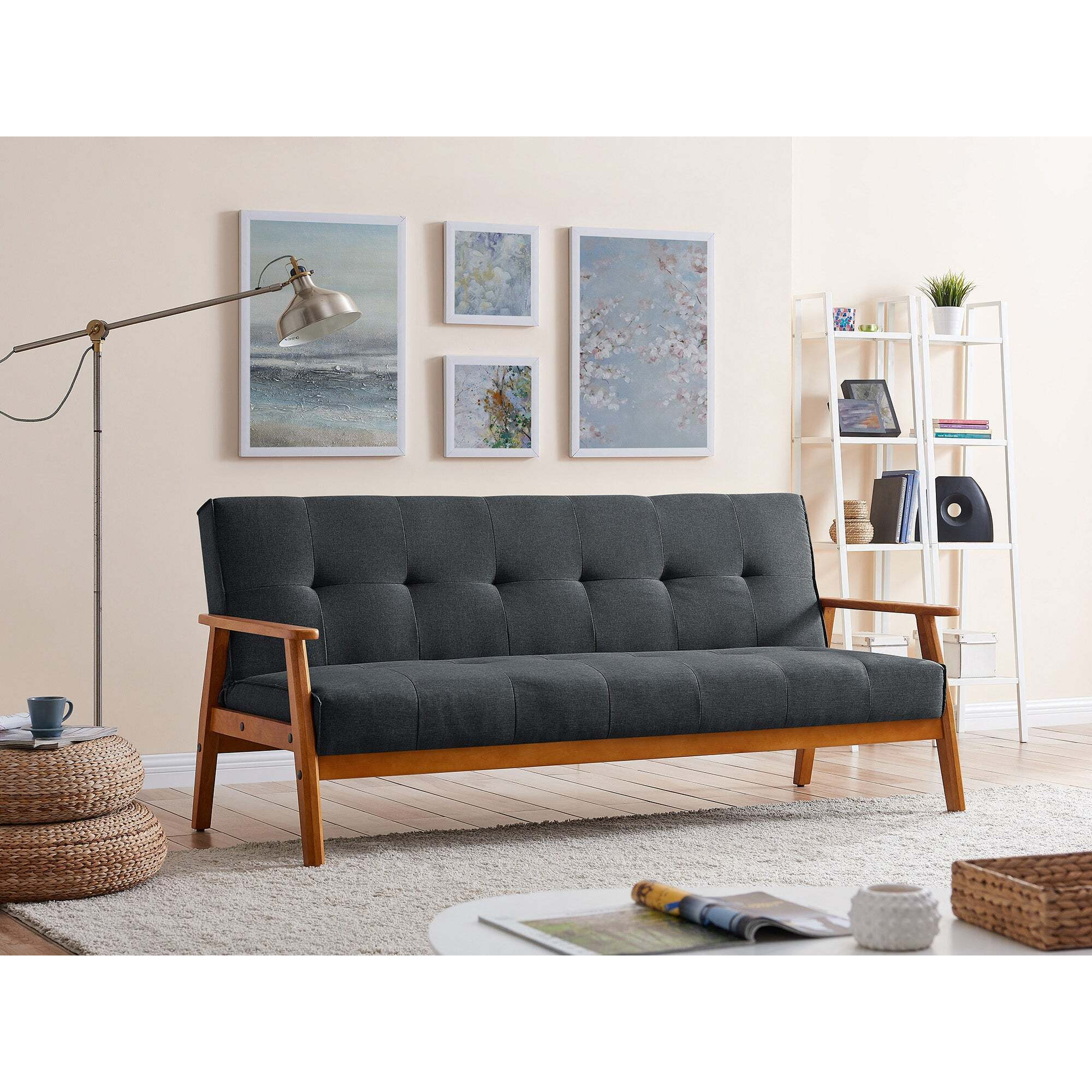Langford Fabric Sofa Bed With Dark Wooden Frame, Charcoal fabric