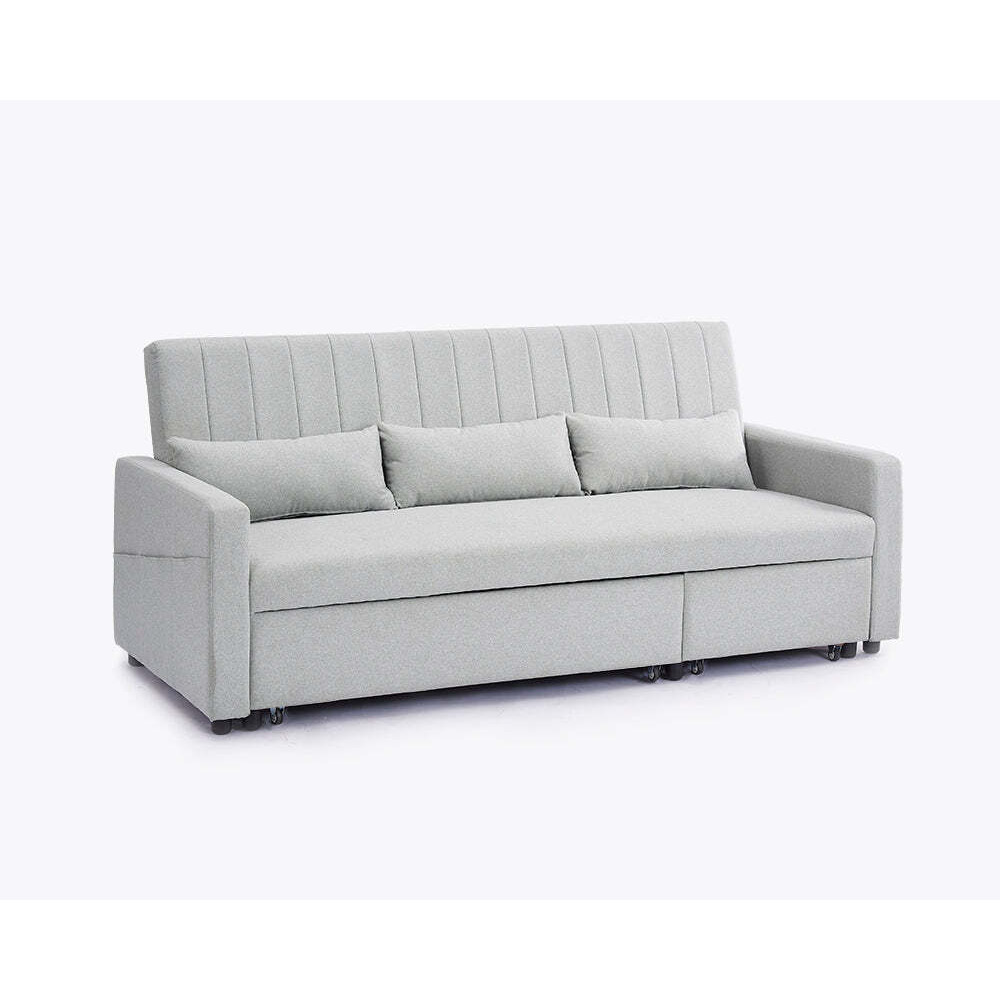 Devon Fabric Pull-Out Sofa Bed Storage Pocket Chaise, Grey Linen Fabric