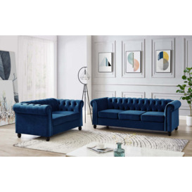 Chesterfield Velvet Fabric 2+3 Seater Sofa Set, Blue Velvet