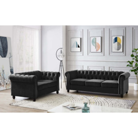 Chesterfield Velvet Fabric 2+3 Seater Sofa Set, Black Velvet