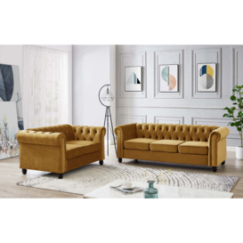 Chesterfield Velvet Fabric 2+3 Seater Sofa Set, Gold Velvet