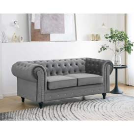 Chesterfield Velvet Fabric 2 Seater Sofa, Grey