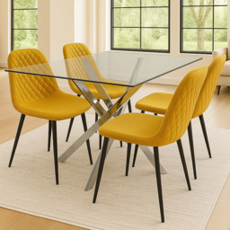 Kosy Koala 4 Seater Glass and Leather Rectangle Dining Table Set Chrome and Mustard