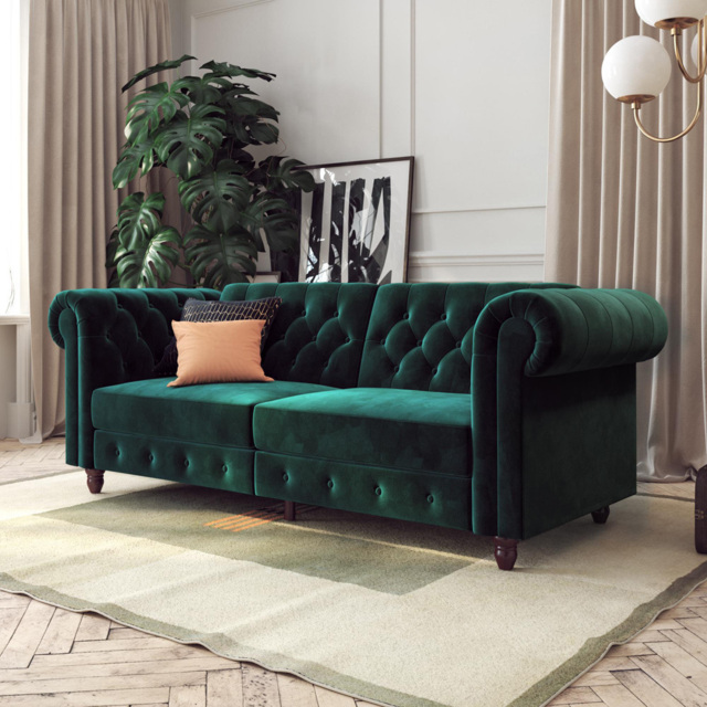 Dorel Felix Chesterfield 3 Seater Teal Velvet Sofa Bed - image 1