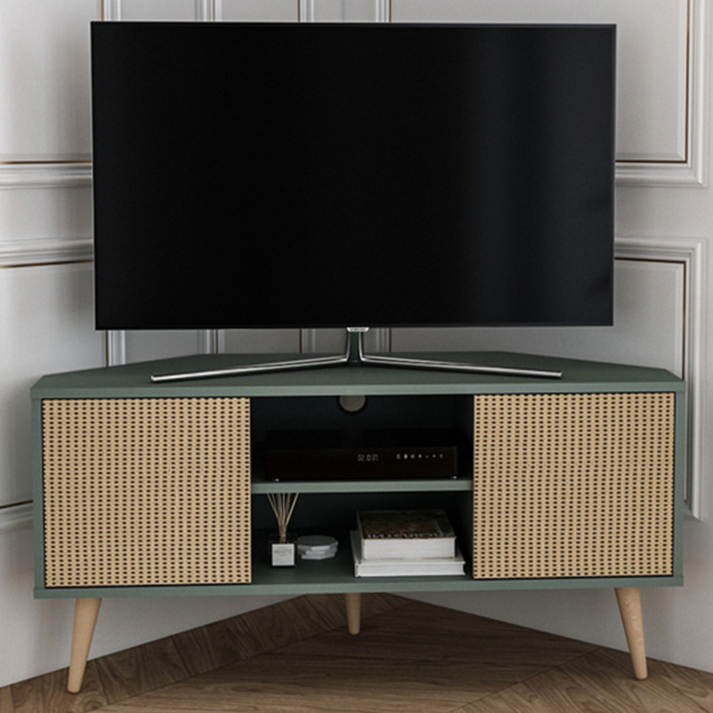 Decorotika Lesson Green and Rattan 2 Door 2 Shelf Corner TV Unit - image 1