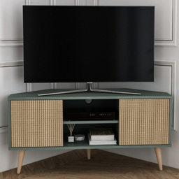 Decorotika Lesson Green and Rattan 2 Door 2 Shelf Corner TV Unit