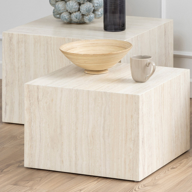 Florence Dice Square Light Travertine Effect Coffee Table Set of 2 - image 1