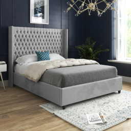 Volta King Size Grey Soft Velvet Upholstered Bed Frame with Straight Winged Headboard