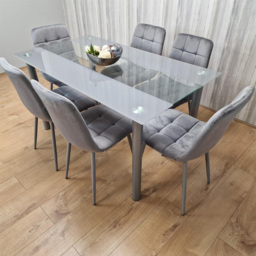 Kosy Koala 6 Seater Glass and Velvet Striped Design Dining Set Grey