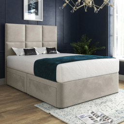 Caprio Silver Small Double Upholstered Divan Bed Frame with Floorstanding Cube Headboard