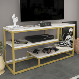 Decorotika Lorin White Marble Effect and Gold 2 Shelf Reversible TV Unit
