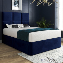 Caprio Blue King Size Upholstered Divan Bed Frame with Floorstanding Cube Headboard