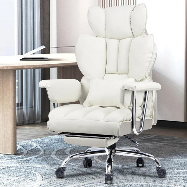 Rattrix Leather White Ergonomic High Back Swivel Office Chair with Footrest
