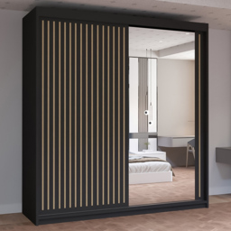 M N Furniture Roman 2 Door Black and Oak Mirrored Sliding Wardrobe 150cm
