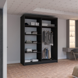 M N Furniture Roman 2 Door Black and Oak Mirrored Sliding Wardrobe 150cm - thumbnail 3