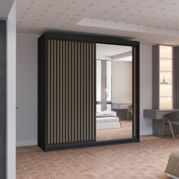 M N Furniture Roman 2 Door Black and Oak Mirrored Sliding Wardrobe 150cm - thumbnail 4
