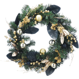 Festive Navy and Gold Northlight Decorative Christmas Wreath with Baubles 60cm