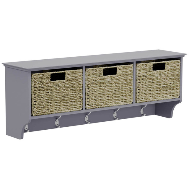 Homebase Grey Bevelled Coat Shelf with 3 Woven Baskets and 5 Double Hooks - image 1