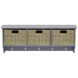 Homebase Grey Bevelled Coat Shelf with 3 Woven Baskets and 5 Double Hooks - thumbnail 3