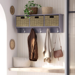 Homebase Grey Bevelled Coat Shelf with 3 Woven Baskets and 5 Double Hooks - thumbnail 2