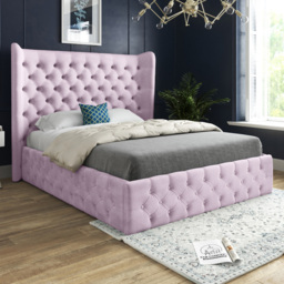 Florence Pink Double Velvet Upholstered Bed Frame with Wide Winged Chesterfield Headboard