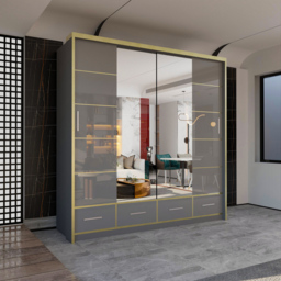 M N Furniture Silora 2 Door 4 Drawer Grey and Gold High Gloss Mirrored Sliding Wardrobe 203cm - thumbnail 4