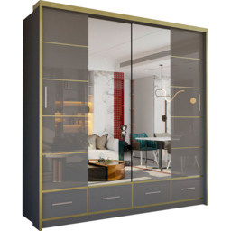 M N Furniture Silora 2 Door 4 Drawer Grey and Gold High Gloss Mirrored Sliding Wardrobe 203cm - thumbnail 2