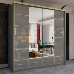 M N Furniture Silora 2 Door 4 Drawer Grey and Gold High Gloss Mirrored Sliding Wardrobe 203cm