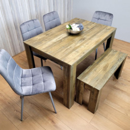 Portland 6 Seater Dining Set Rustic Effect and Grey Velvet with Bench